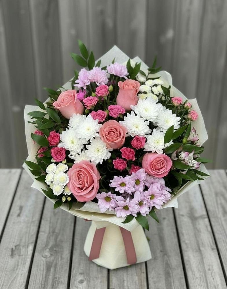 Букет цветов из: Альстромерии, Гвоздики, Розы и Хризантемы в Октябрьском Оренбургская область