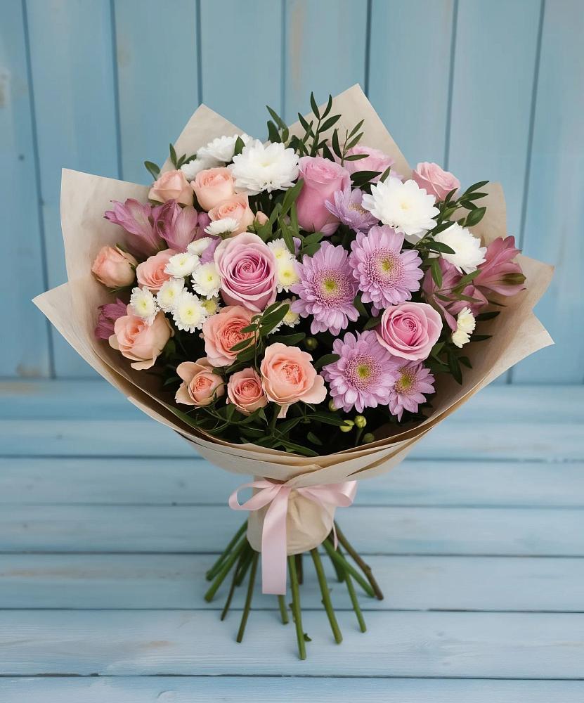 Букет цветов из: Хризантемы, Розы и Альстромерии в Октябрьском Оренбургская область