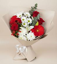 Букет цветов из:  Розы, Хризантемы, Герберы и Лилии в Октябрьском Оренбургская область