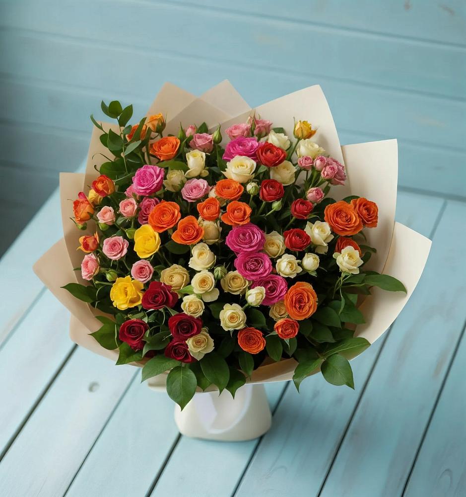 Букет Микс из разноцветных кустовых роз в Октябрьском Оренбургская область
