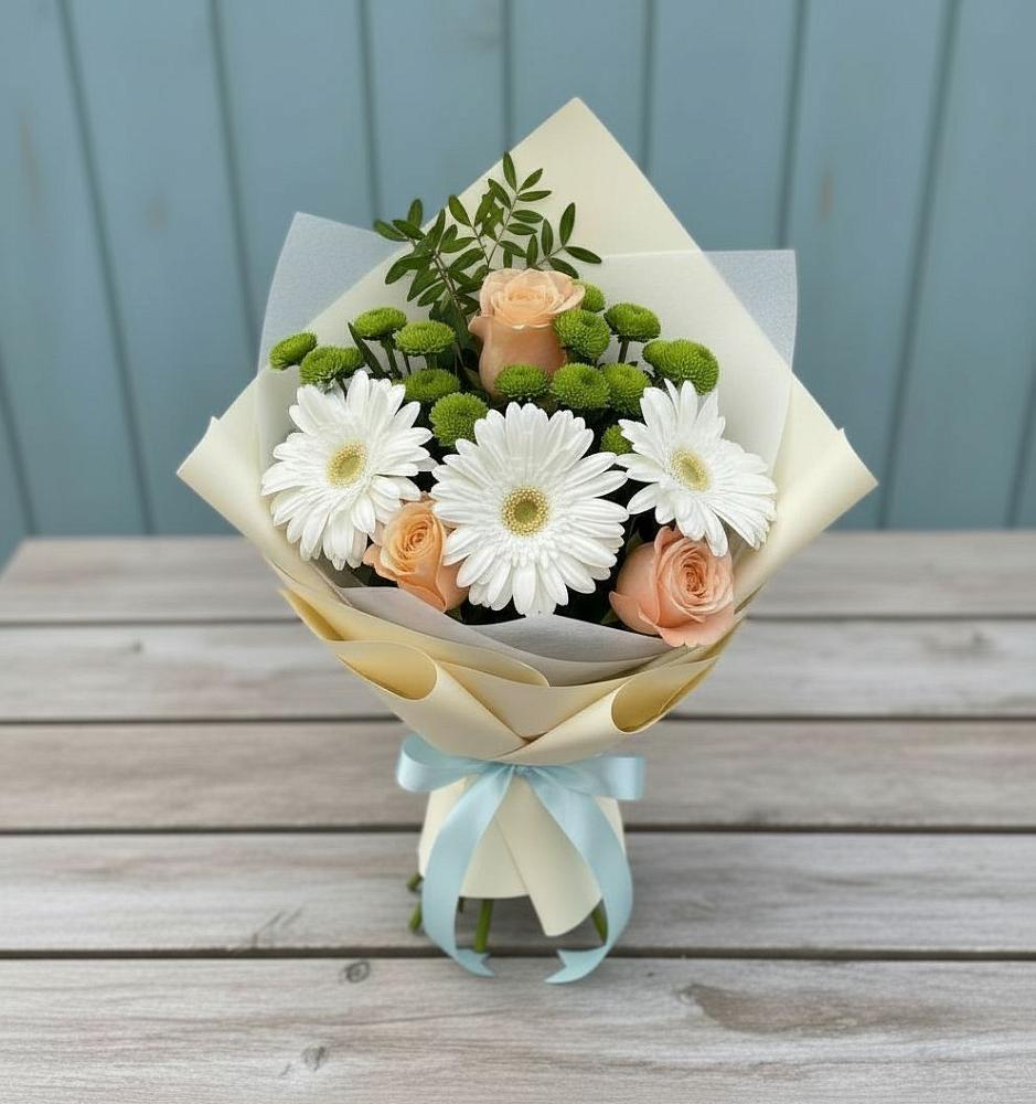 Букет цветов из: Герберы, Розы и Хризантемы в Октябрьском Оренбургская область