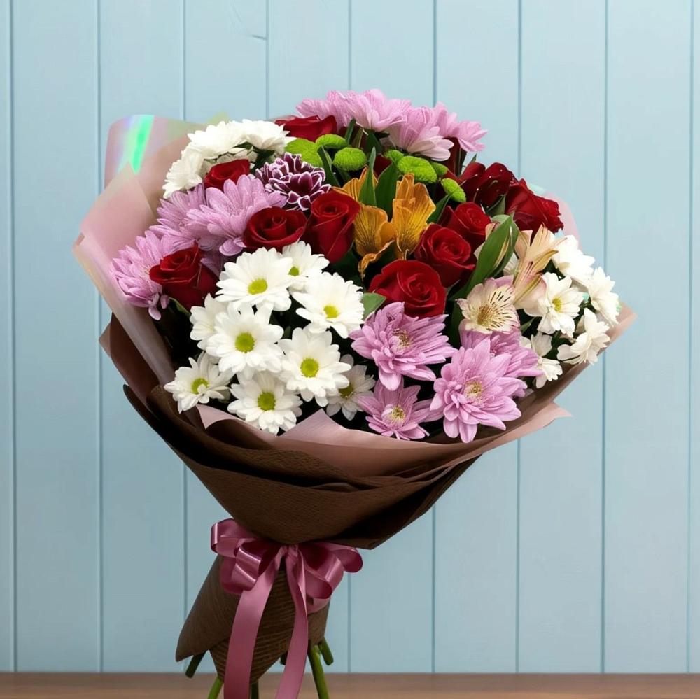 Букет цветов из: Розы, Хризантемы и Альстромерии в Октябрьском Оренбургская область